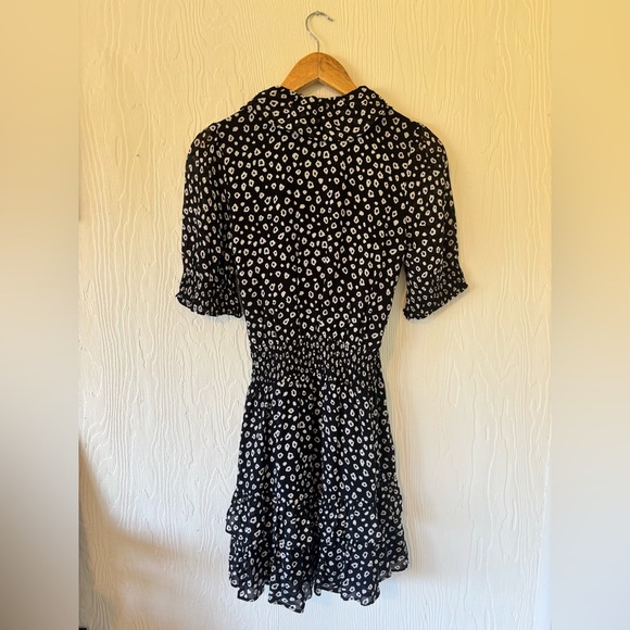 Black White Polka Micro Dot Leopard Print Ruffle Puff Sleeve Mini Boho Dress - Picture 7 of 12